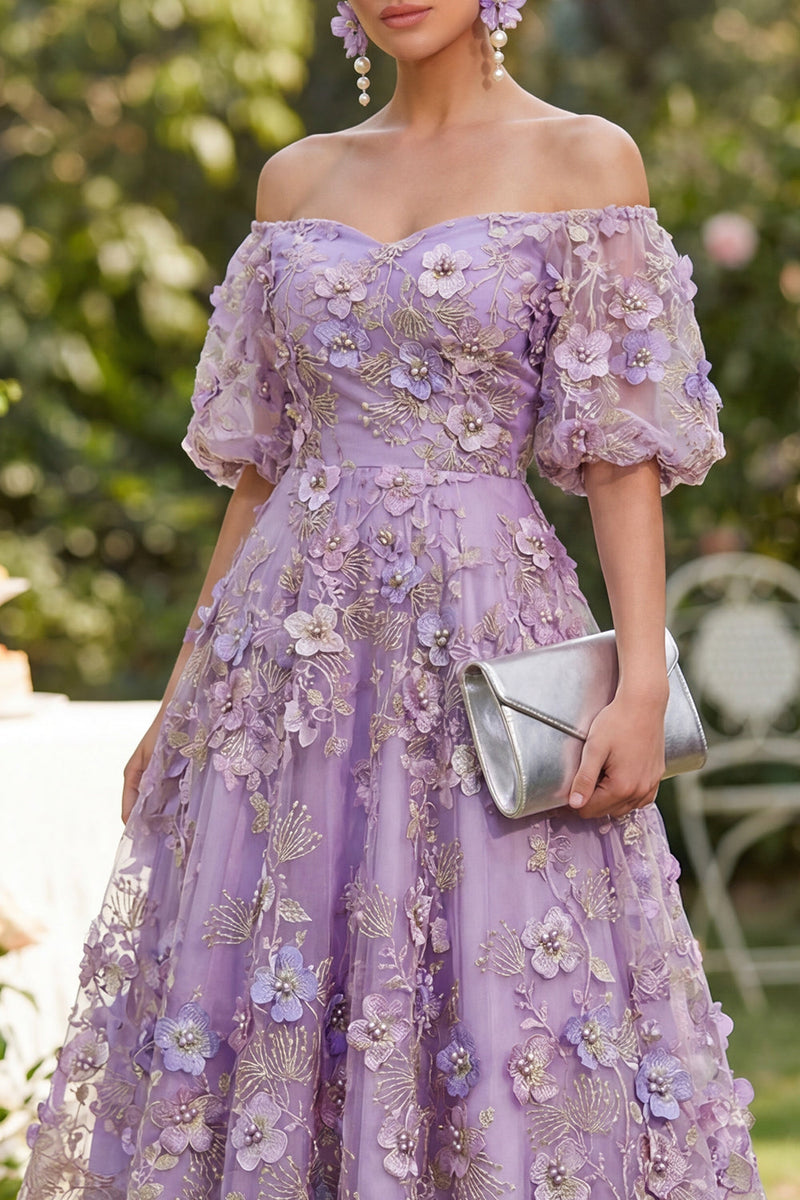 Load image into Gallery viewer, Blue Puff Sleeves Floral Ruched A Line Maxi Wedding Guest Dress with Pearls