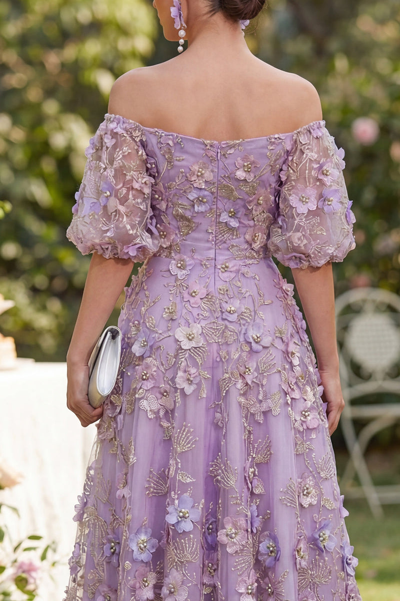 Load image into Gallery viewer, Blue Puff Sleeves Floral Ruched A Line Maxi Wedding Guest Dress with Pearls