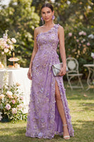 Load image into Gallery viewer, Ruched Maxi Floral One Shoulder Lilac Wedding Guest Dress with Pearls