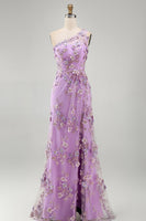 Load image into Gallery viewer, Ruched Maxi Floral One Shoulder Lilac Wedding Guest Dress with Pearls