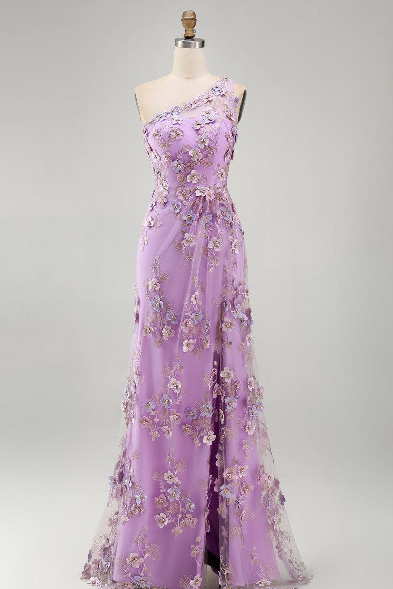 Load image into Gallery viewer, Ruched Maxi Floral One Shoulder Lilac Wedding Guest Dress with Pearls
