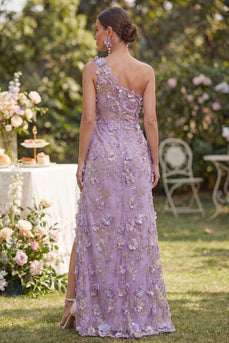 Ruched Maxi Floral One Shoulder Lilac Wedding Guest Dress with Pearls