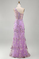 Load image into Gallery viewer, Ruched Maxi Floral One Shoulder Lilac Wedding Guest Dress with Pearls