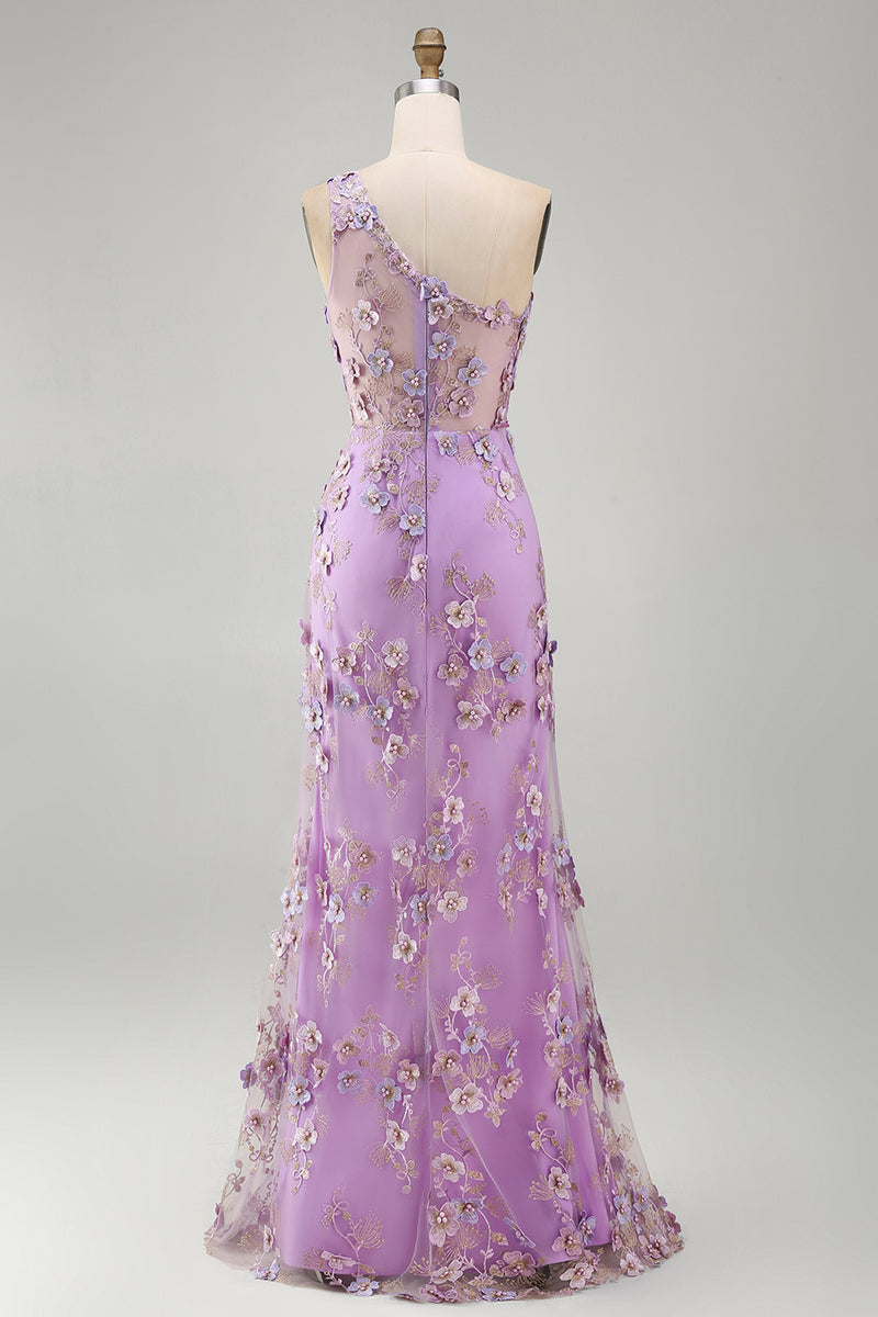 Load image into Gallery viewer, Ruched Maxi Floral One Shoulder Lilac Wedding Guest Dress with Pearls