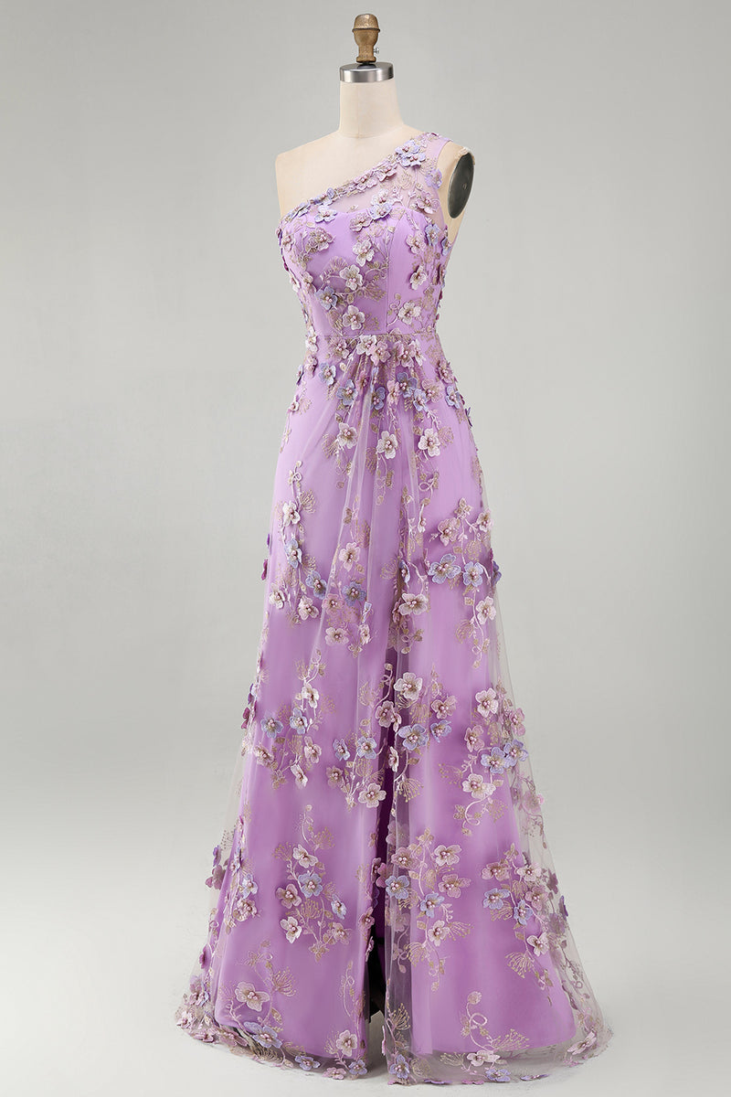 Load image into Gallery viewer, Ruched Maxi Floral One Shoulder Lilac Wedding Guest Dress with Pearls