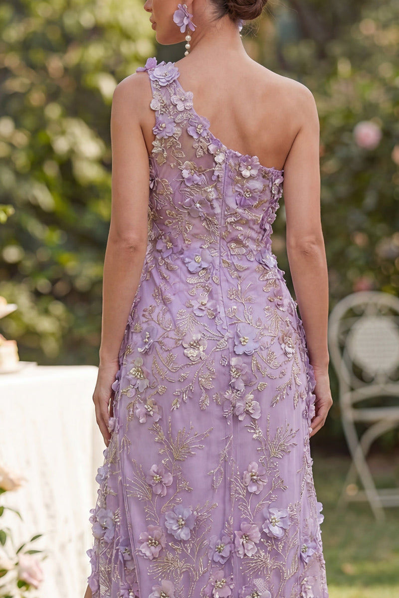 Load image into Gallery viewer, Ruched Maxi Floral One Shoulder Lilac Wedding Guest Dress with Pearls