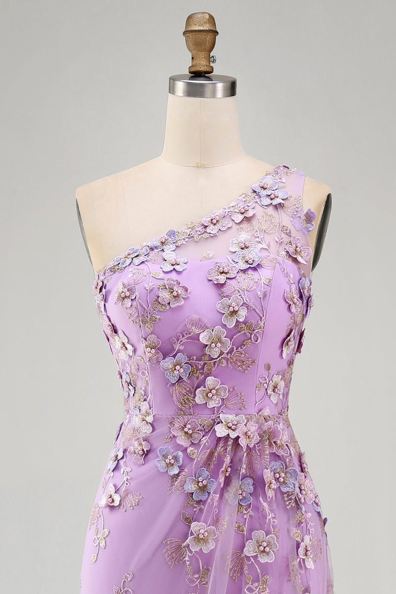 Load image into Gallery viewer, Ruched Maxi Floral One Shoulder Lilac Wedding Guest Dress with Pearls