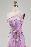 Load image into Gallery viewer, Ruched Maxi Floral One Shoulder Lilac Wedding Guest Dress with Pearls