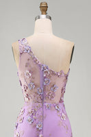 Load image into Gallery viewer, Ruched Maxi Floral One Shoulder Lilac Wedding Guest Dress with Pearls