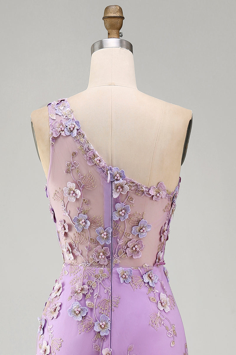 Load image into Gallery viewer, Ruched Maxi Floral One Shoulder Lilac Wedding Guest Dress with Pearls