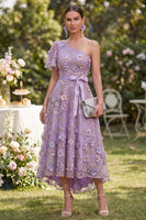 Load image into Gallery viewer, Flutter Sleeves One Shoulder Floral A Line Maxi Lilac Wedding Guest Dress with Pearls