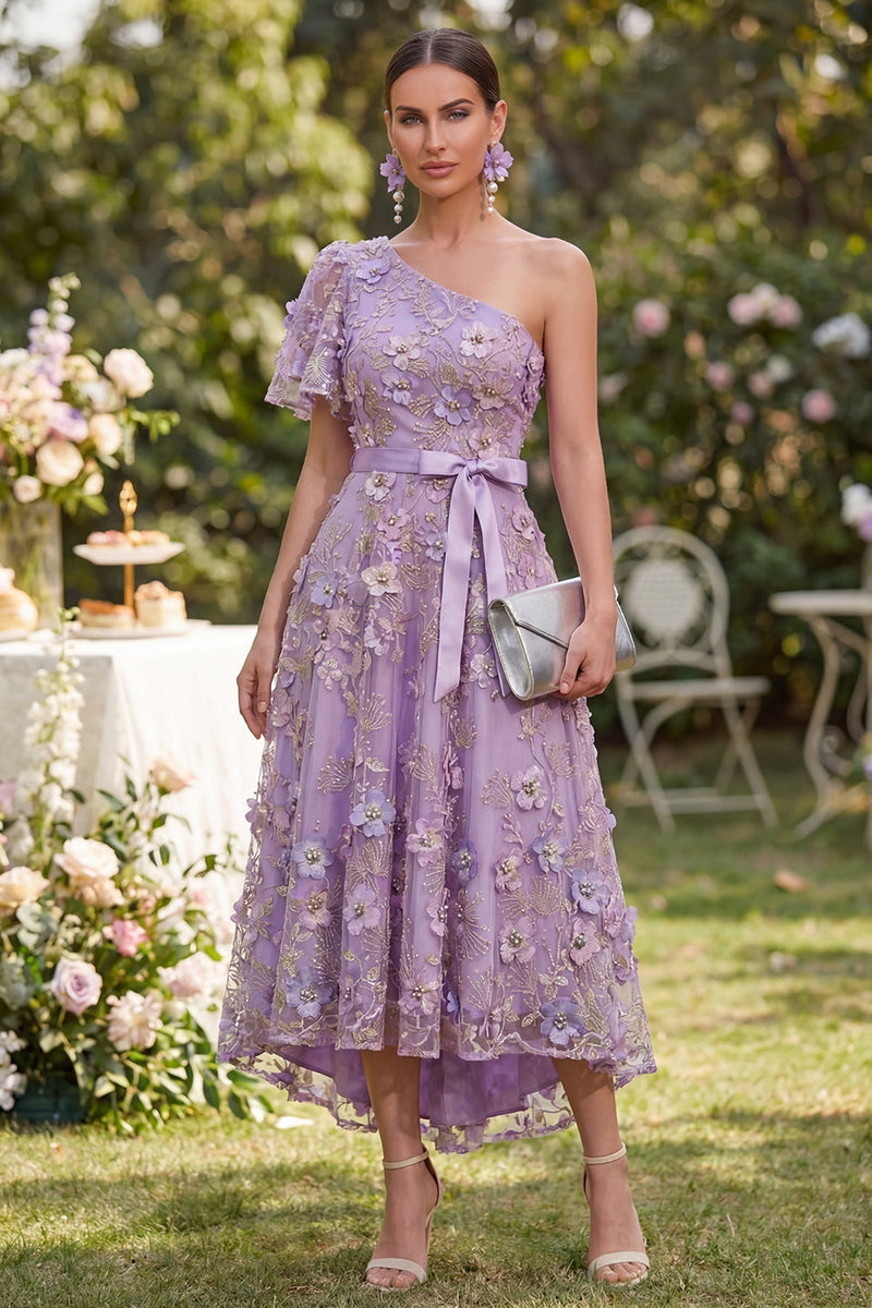 Load image into Gallery viewer, Flutter Sleeves One Shoulder Floral A Line Maxi Lilac Wedding Guest Dress with Pearls