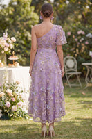 Load image into Gallery viewer, Flutter Sleeves One Shoulder Floral A Line Maxi Lilac Wedding Guest Dress with Pearls