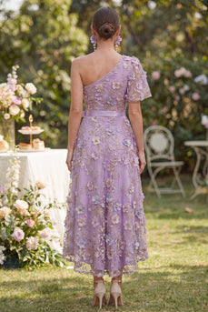 Flutter Sleeves One Shoulder Floral A Line Maxi Lilac Wedding Guest Dress with Pearls