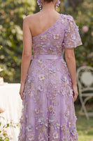 Load image into Gallery viewer, Flutter Sleeves One Shoulder Floral A Line Maxi Lilac Wedding Guest Dress with Pearls
