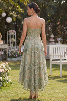 Load image into Gallery viewer, Corset Dusty Green A Line Floral High Low Wedding Guest Dress with Pearls