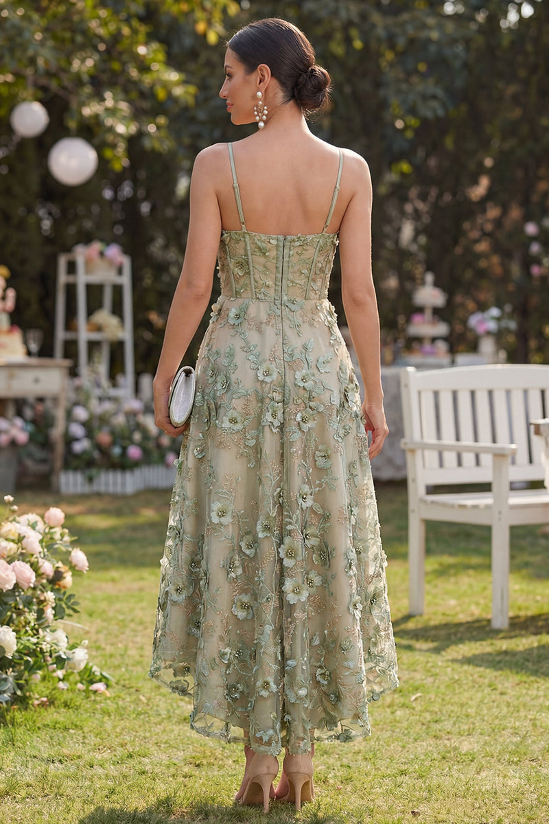Load image into Gallery viewer, Corset Dusty Green A Line Floral High Low Wedding Guest Dress with Pearls