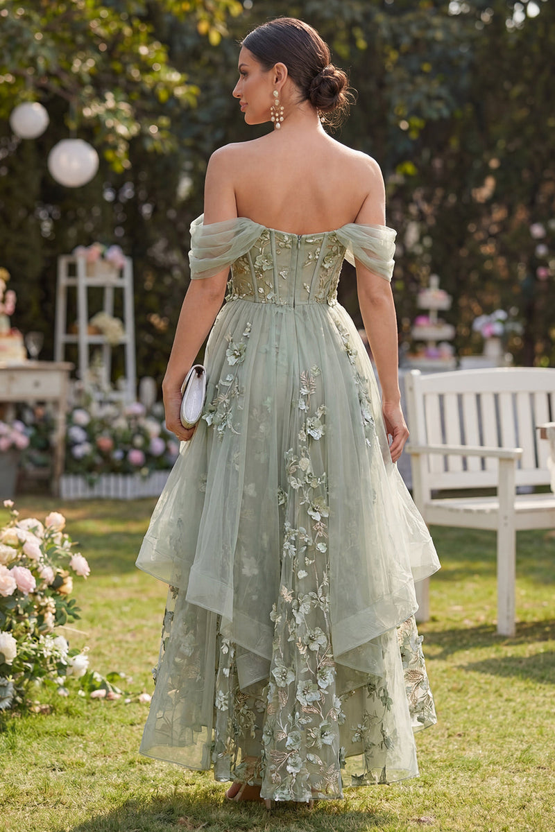 Load image into Gallery viewer, Ruffled Corset Dusty Green Maxi A Line Floral Wedding Guest Dress with Pearls