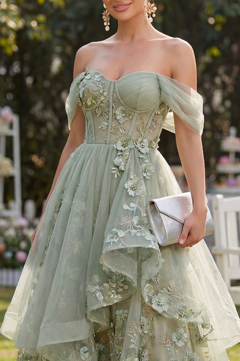 Load image into Gallery viewer, Ruffled Corset Dusty Green Maxi A Line Floral Wedding Guest Dress with Pearls