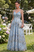 Load image into Gallery viewer, Floral Blue Ruched A Line Maxi Spaghetti Straps Wedding Guest Dress with Pearls