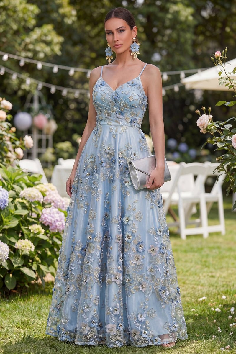 Load image into Gallery viewer, Floral Blue Ruched A Line Maxi Spaghetti Straps Wedding Guest Dress with Pearls