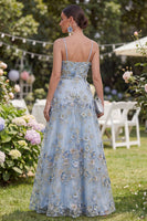 Load image into Gallery viewer, Floral Blue Ruched A Line Maxi Spaghetti Straps Wedding Guest Dress with Pearls