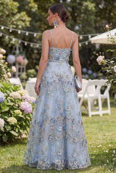 Floral Blue Ruched A Line Maxi Spaghetti Straps Wedding Guest Dress with Pearls