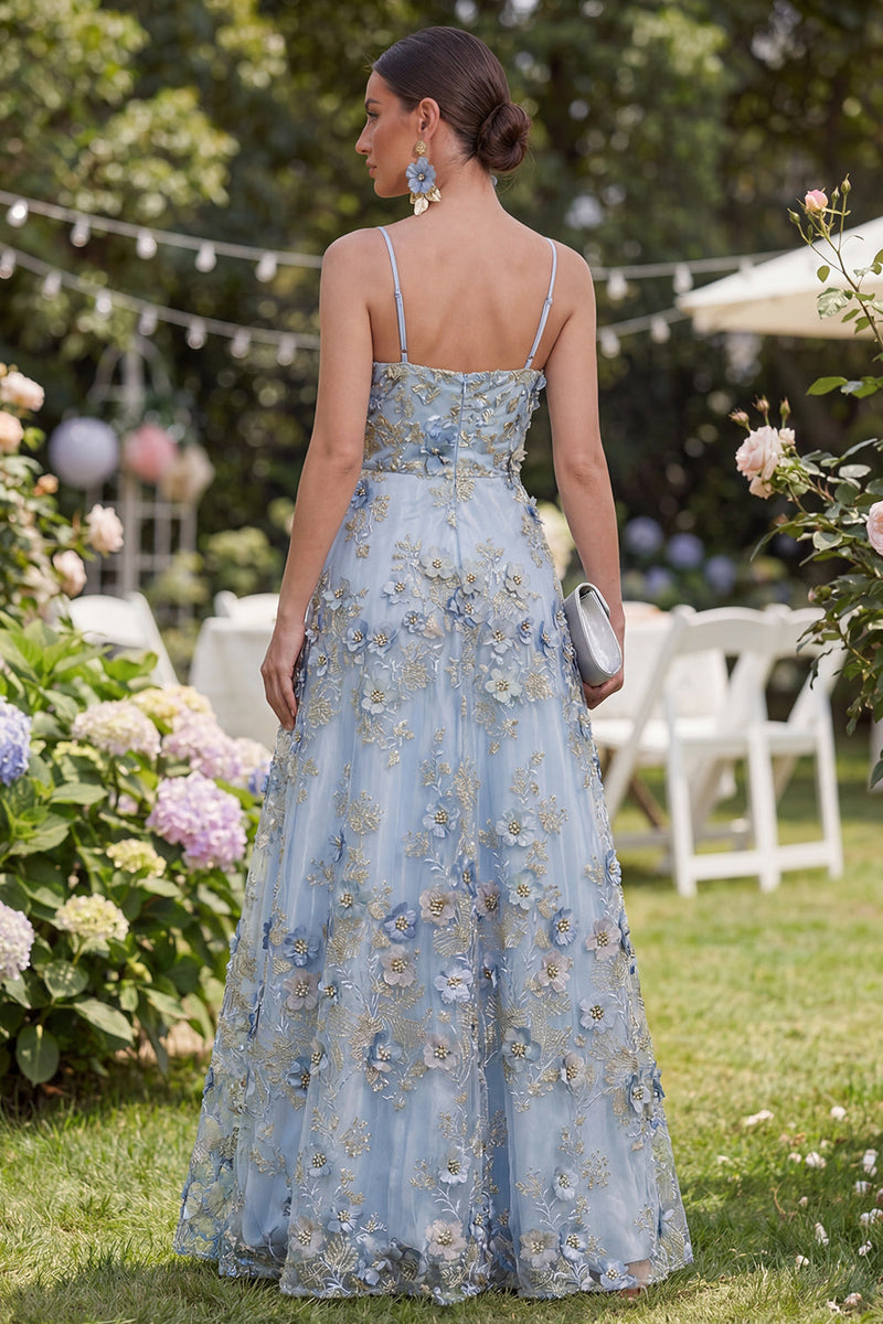Load image into Gallery viewer, Floral Blue Ruched A Line Maxi Spaghetti Straps Wedding Guest Dress with Pearls