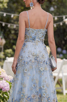 Load image into Gallery viewer, Floral Blue Ruched A Line Maxi Spaghetti Straps Wedding Guest Dress with Pearls