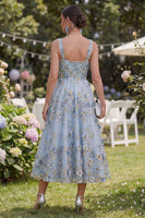 Load image into Gallery viewer, Blue Thick Straps Ruched A Line Floral Maxi Wedding Guest Dress with Pearls