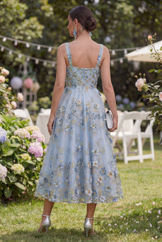 Blue Thick Straps Ruched A Line Floral Maxi Wedding Guest Dress with Pearls