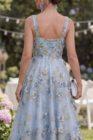 Load image into Gallery viewer, Blue Thick Straps Ruched A Line Floral Maxi Wedding Guest Dress with Pearls