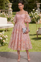 Load image into Gallery viewer, Floral Pink Orange Puff Sleeves Ruched A Line Maxi Wedding Guest Dress with Pearls