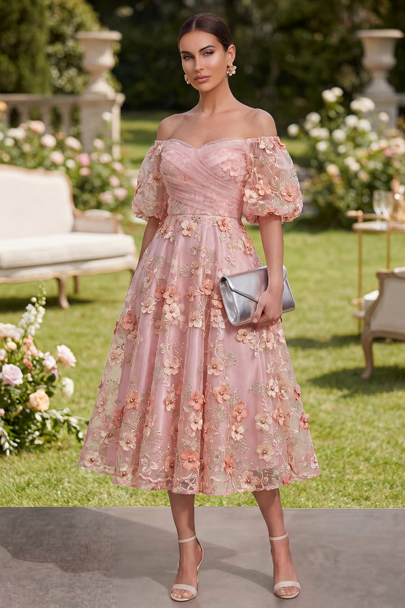 Load image into Gallery viewer, Floral Pink Orange Puff Sleeves Ruched A Line Maxi Wedding Guest Dress with Pearls