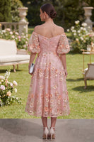 Load image into Gallery viewer, Floral Pink Orange Puff Sleeves Ruched A Line Maxi Wedding Guest Dress with Pearls