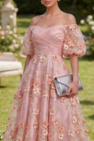 Load image into Gallery viewer, Floral Pink Orange Puff Sleeves Ruched A Line Maxi Wedding Guest Dress with Pearls