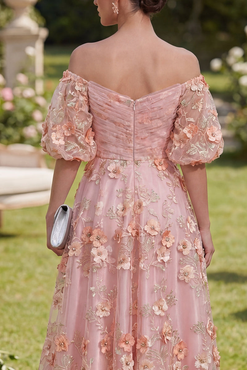Load image into Gallery viewer, Floral Pink Orange Puff Sleeves Ruched A Line Maxi Wedding Guest Dress with Pearls