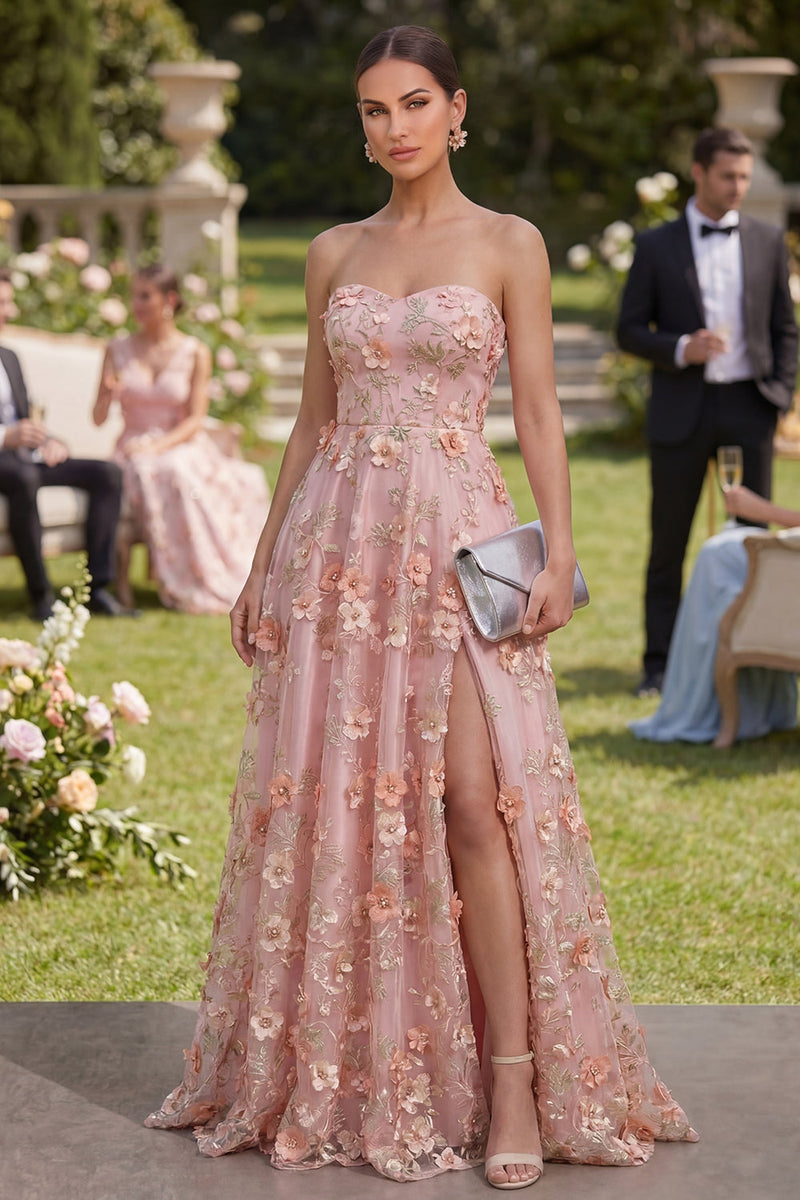 Load image into Gallery viewer, Pink Orange Floral Strapless A Line Maxi Wedding Guest Dress with Pearls