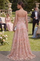 Load image into Gallery viewer, Pink Orange Floral Strapless A Line Maxi Wedding Guest Dress with Pearls