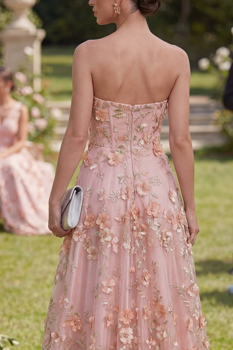 Load image into Gallery viewer, Pink Orange Floral Strapless A Line Maxi Wedding Guest Dress with Pearls