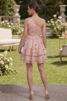 One Shoulder Pink Orange Floral A Line Short Wedding Guest Dress with Pearls