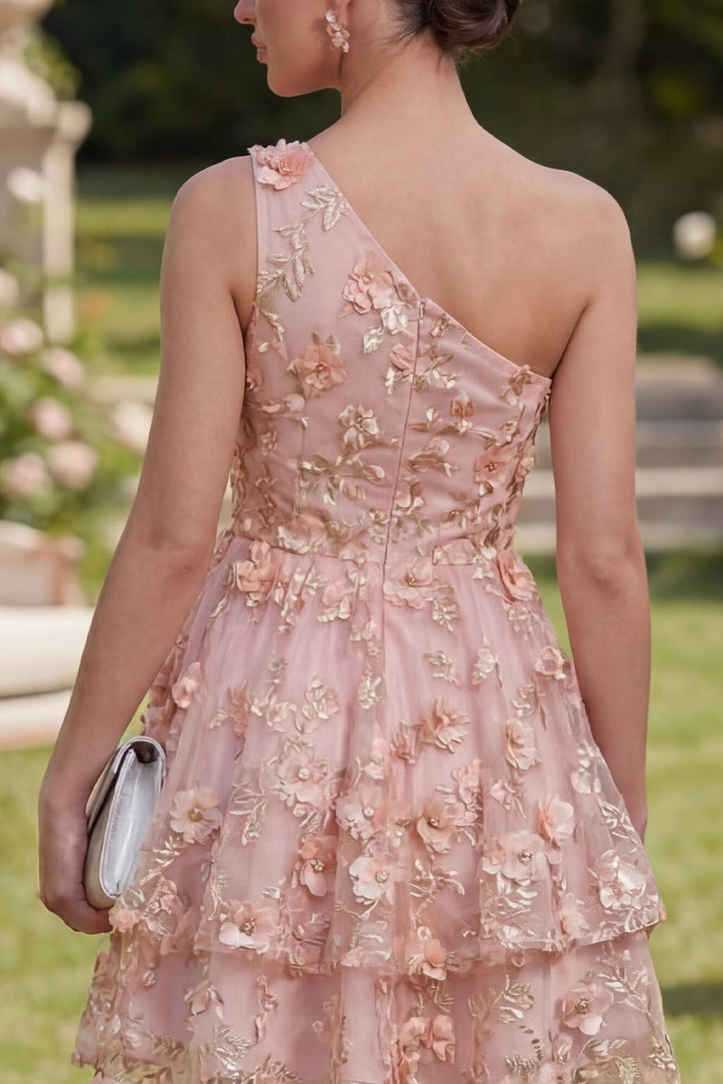 Load image into Gallery viewer, One Shoulder Pink Orange Floral A Line Short Wedding Guest Dress with Pearls