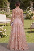 Load image into Gallery viewer, Floral Halter Pink Orange A Line Maxi Wedding Guest Dress with Pearls