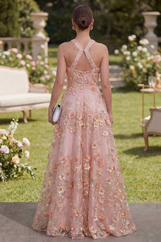 Floral Halter Pink Orange A Line Maxi Wedding Guest Dress with Pearls