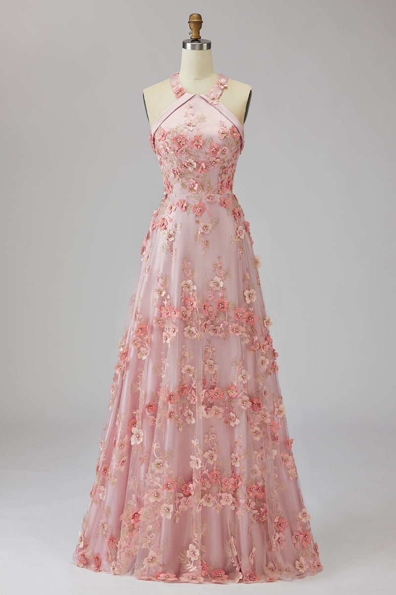Load image into Gallery viewer, Floral Halter Pink Orange A Line Maxi Wedding Guest Dress with Pearls