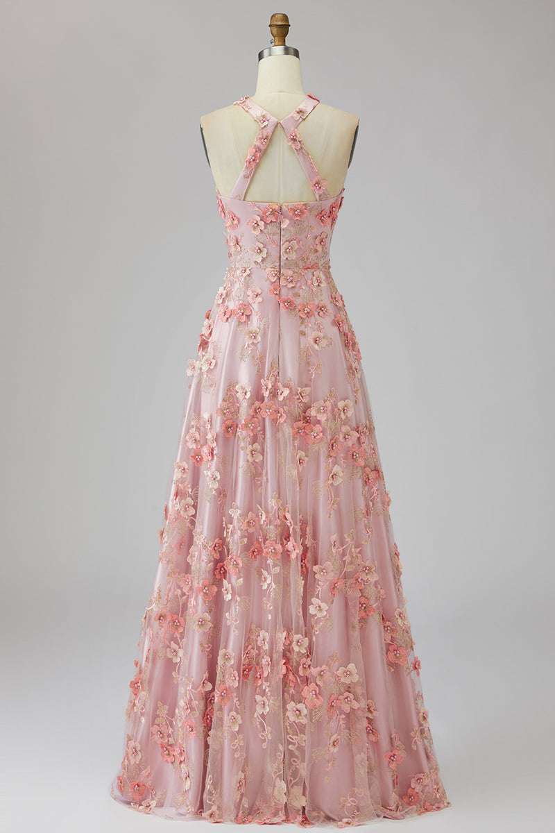 Load image into Gallery viewer, Floral Halter Pink Orange A Line Maxi Wedding Guest Dress with Pearls