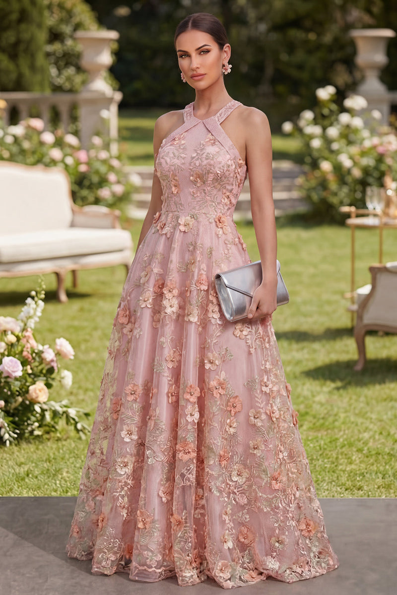 Load image into Gallery viewer, Floral Halter Pink Orange A Line Maxi Wedding Guest Dress with Pearls
