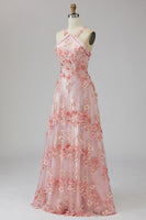 Load image into Gallery viewer, Floral Halter Pink Orange A Line Maxi Wedding Guest Dress with Pearls