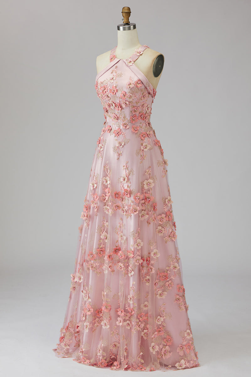 Load image into Gallery viewer, Floral Halter Pink Orange A Line Maxi Wedding Guest Dress with Pearls