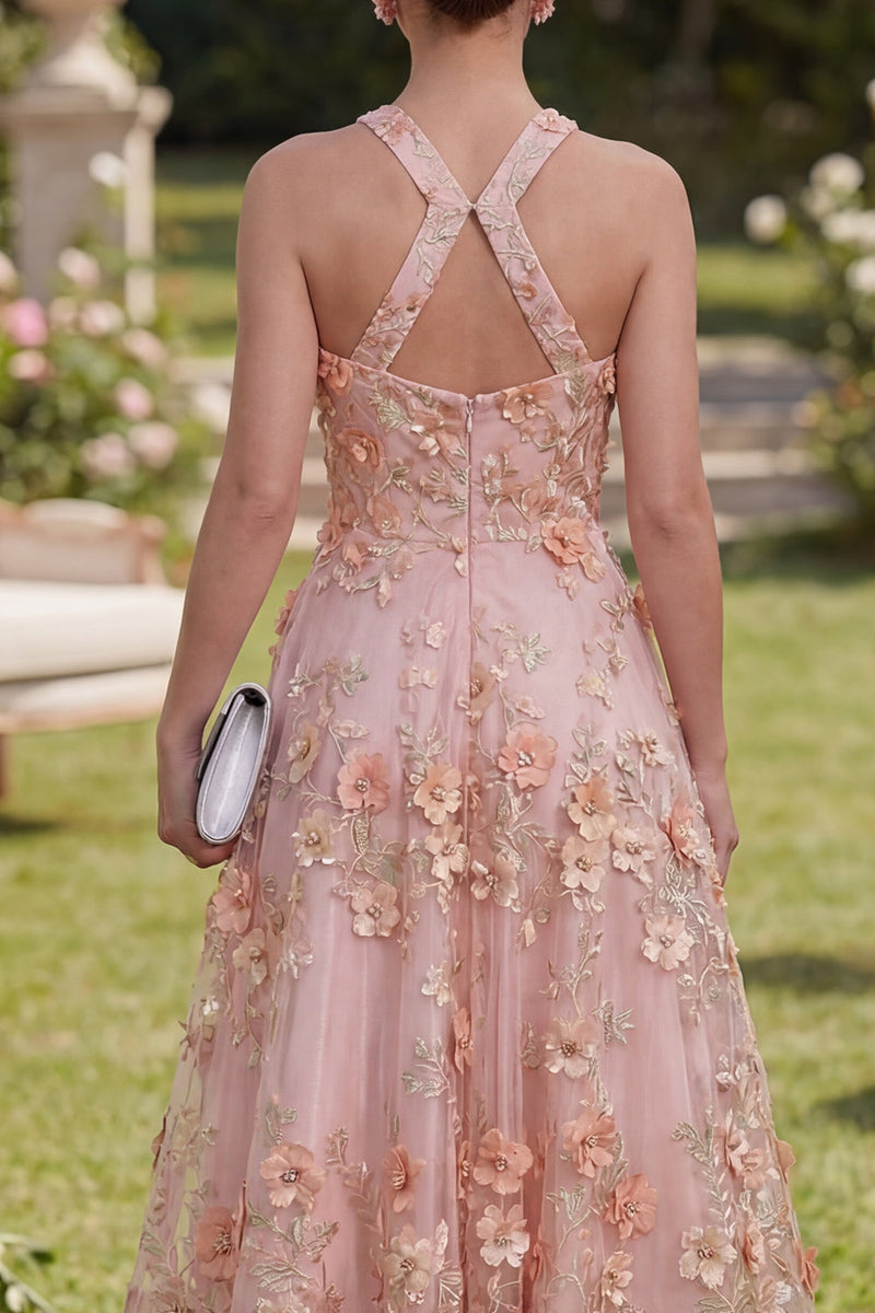 Load image into Gallery viewer, Floral Halter Pink Orange A Line Maxi Wedding Guest Dress with Pearls